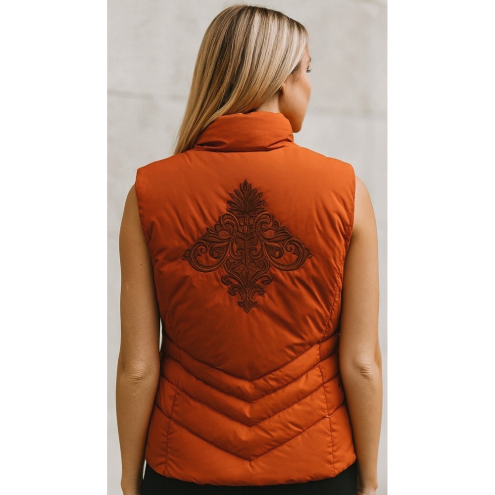 Steilmann Womens Burnt Orange Down Quilted‎ Puffer Zip Vest Size L Embroidered